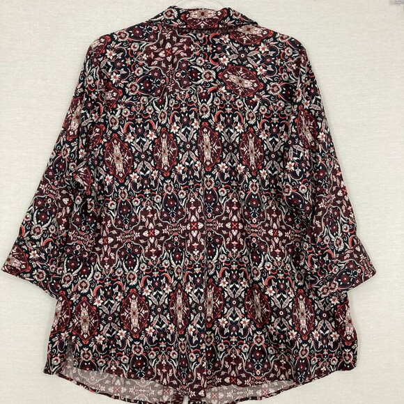Foxcroft Red Black Floral Wrinkle Free 3/4 Sleeve Button Down size 16W Office - Picture 10 of 11